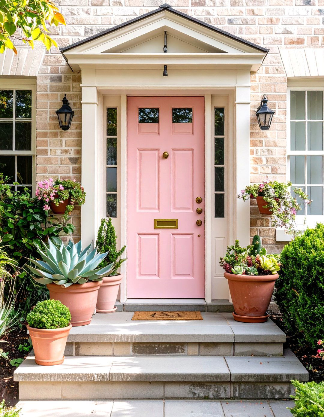Blonde Brick and Soft Blush Pink Door - 20 Blonde Brick House Color Schemes
