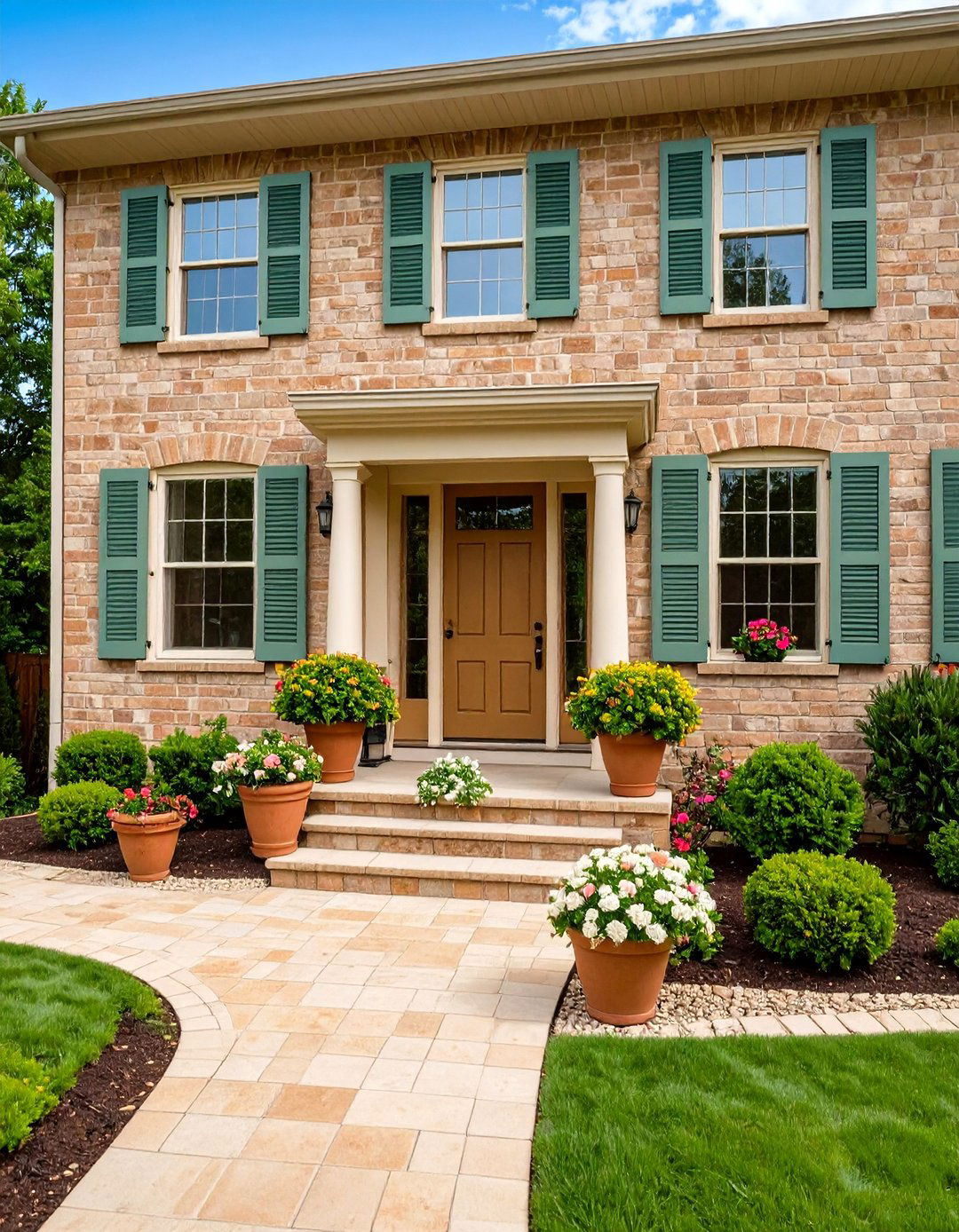 Blonde Brick and Soft Sage Green Shutters - 20 Blonde Brick House Color Schemes