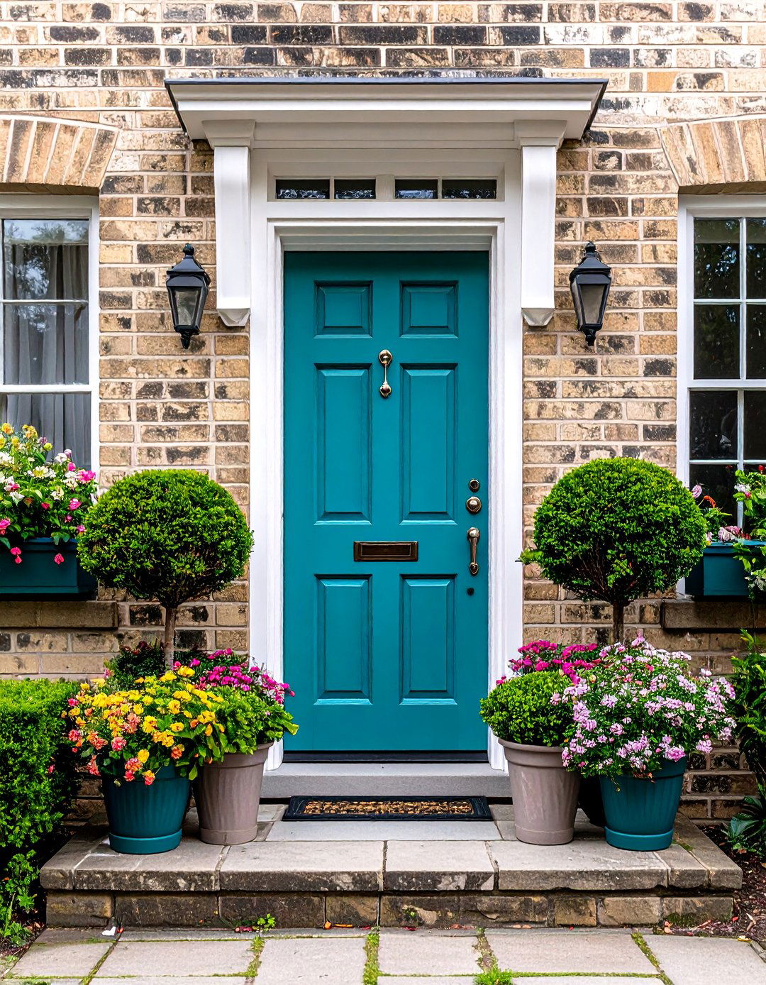 Blonde Brick with Bold Teal Front Door - 20 Blonde Brick House Color Schemes