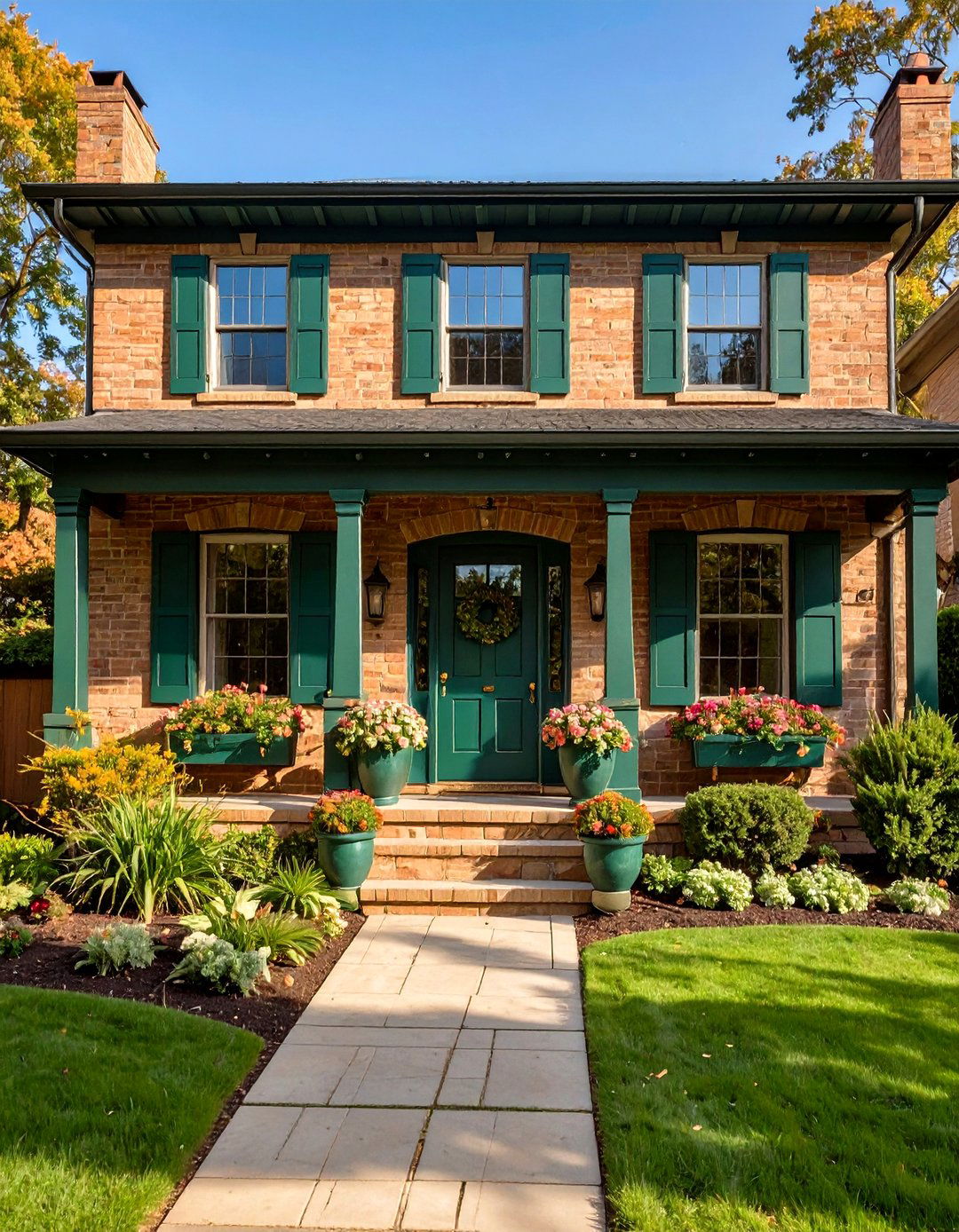 Blonde Brick with Dark Forest Green Trim - 20 Blonde Brick House Color Schemes