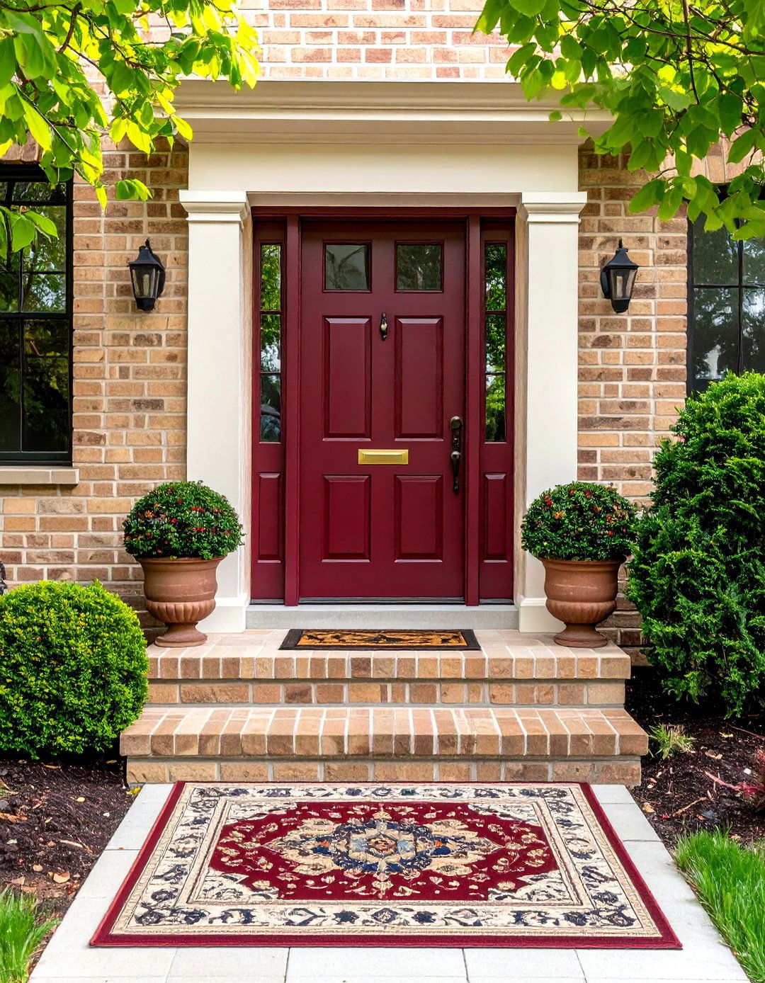 Blonde Brick with Deep Burgundy Front Door - 20 Blonde Brick House Color Schemes