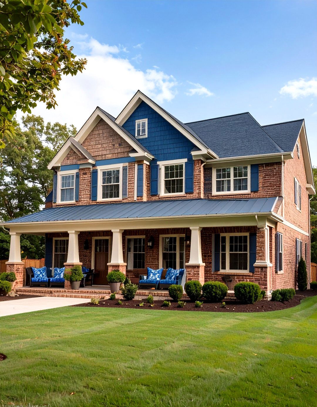 Blonde Brick with Dusty Blue Trim - 20 Blonde Brick House Color Schemes