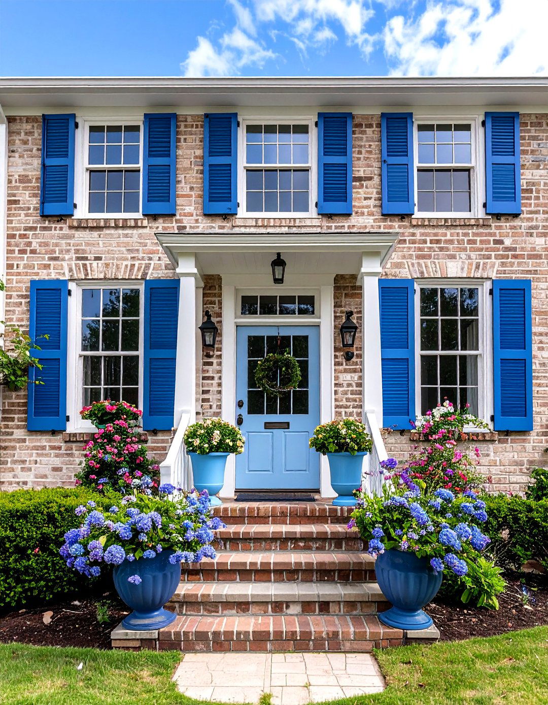 Blonde Brick with Slate Blue Shutters - 20 Blonde Brick House Color Schemes