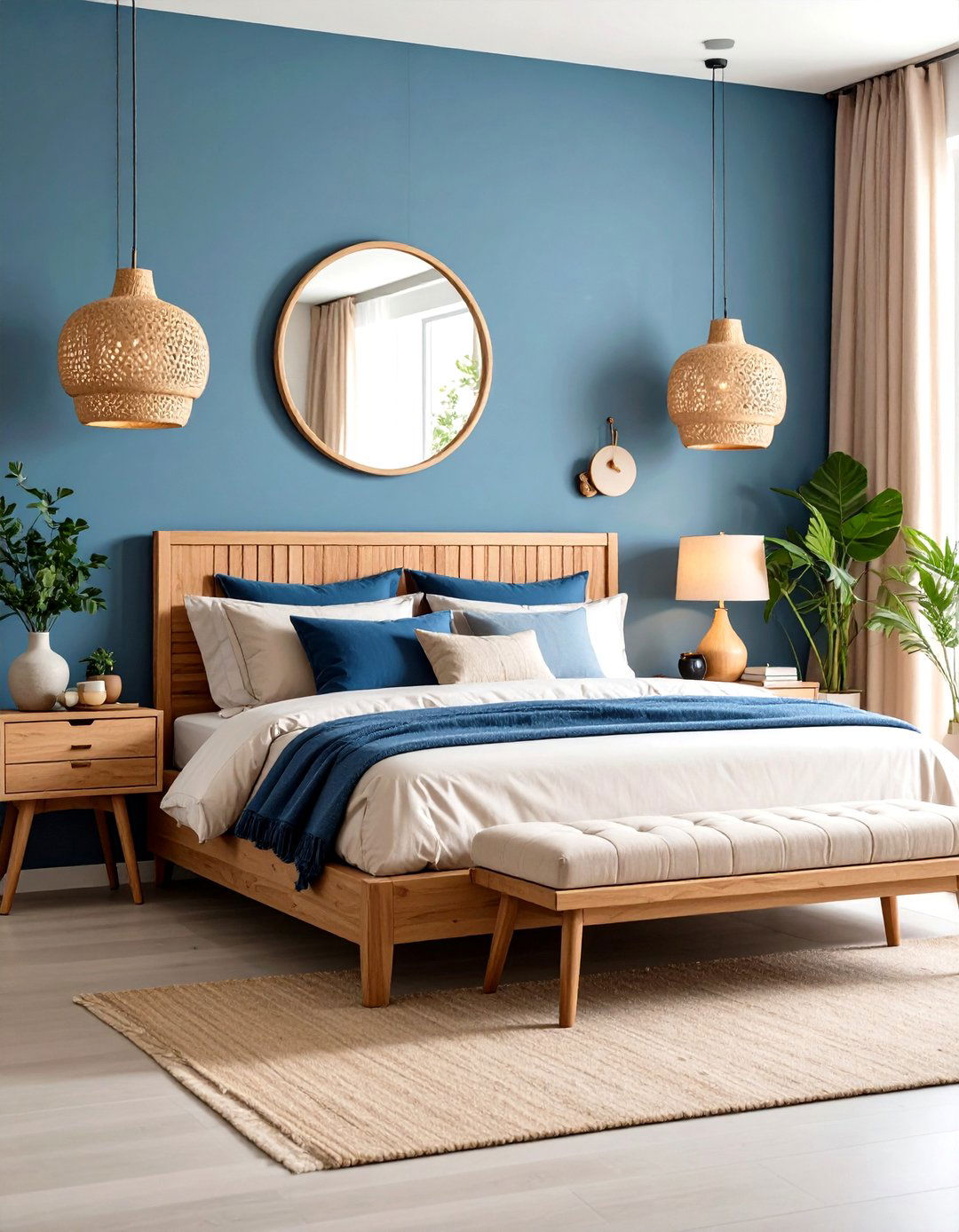 Blue Accent Wall with Natural Beige Furniture Bedroom - 20 blue and beige bedroom ideas