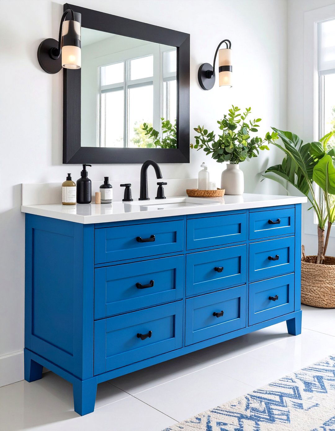Blue Bathroom Vanity with Black Hardware and Accents - 20 Blue Bathroom Vanity Ideas