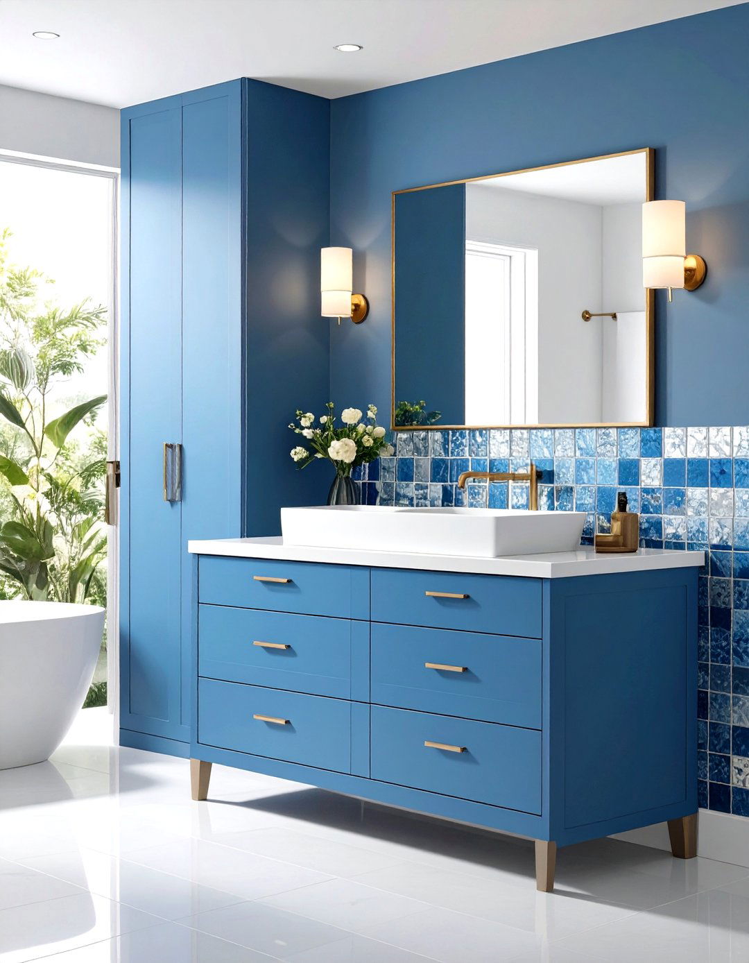 Blue Bathroom Vanity with Mosaic Tile Backsplash - 20 Blue Bathroom Vanity Ideas