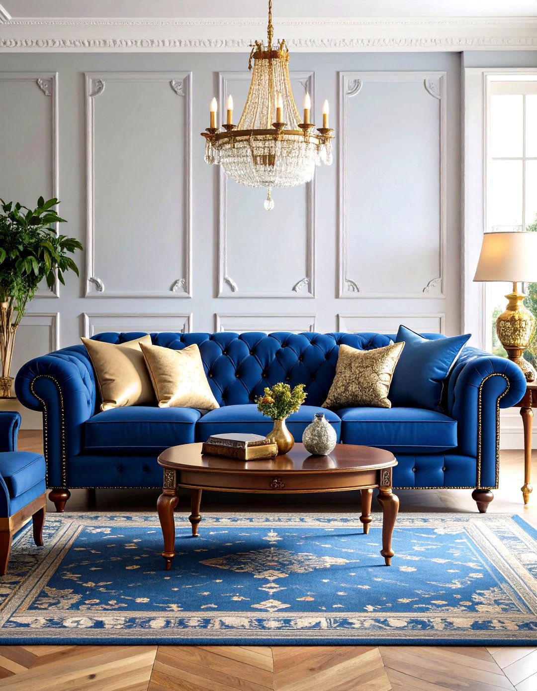 Blue Chesterfield Couch Living Room with Traditional Elegance - 20 Blue Couch Living Room Ideas
