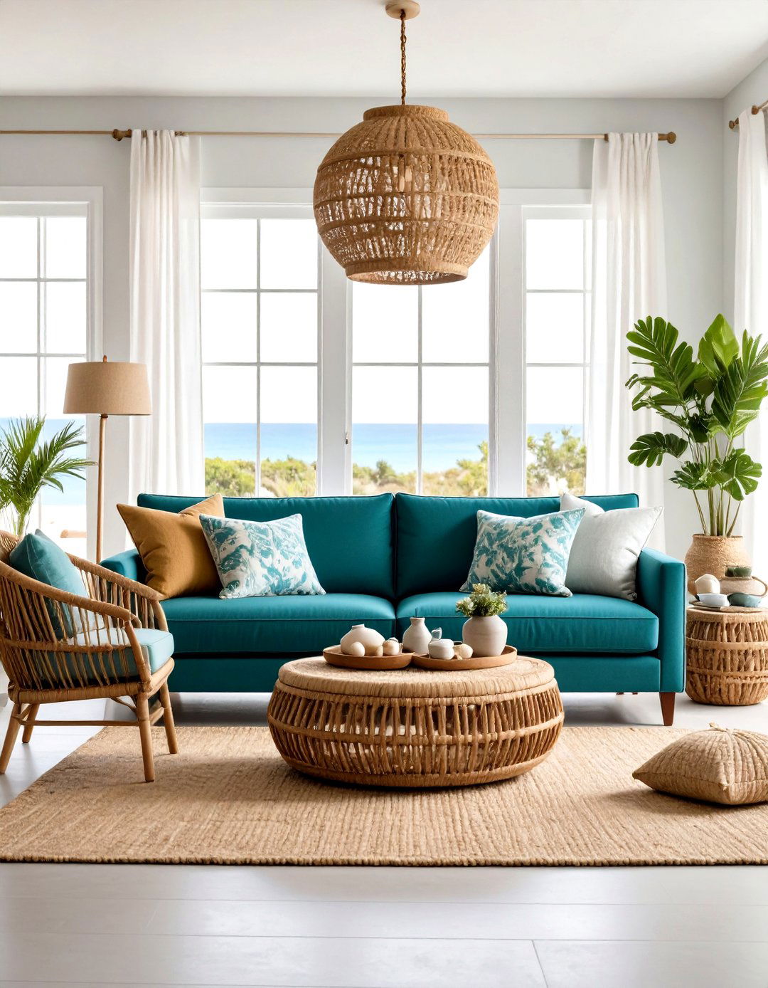 Blue Couch Living Room with Coastal Rope and Wicker Details - 20 Blue Couch Living Room Ideas