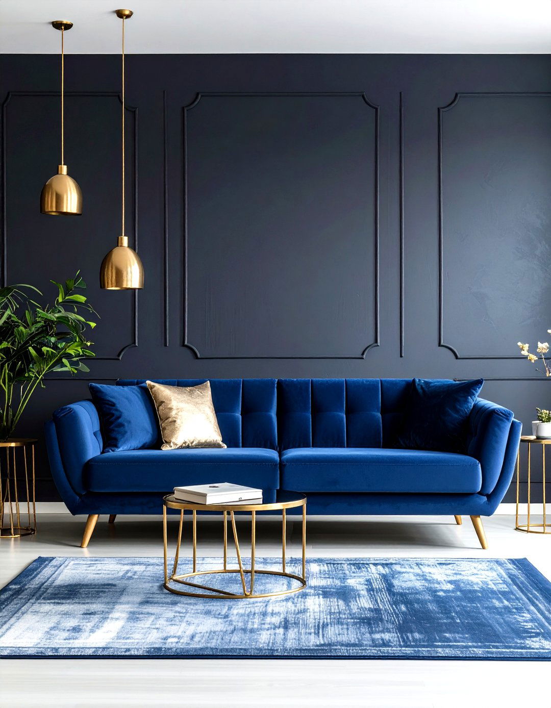 Blue Couch Living Room with Dramatic Dark Accent Wall - 20 Blue Couch Living Room Ideas