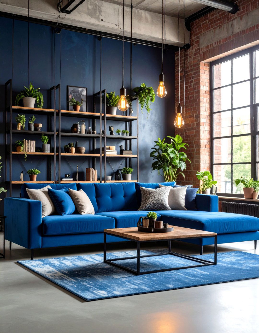 Blue Couch Living Room with Industrial Black and Metal Accents - 20 Blue Couch Living Room Ideas