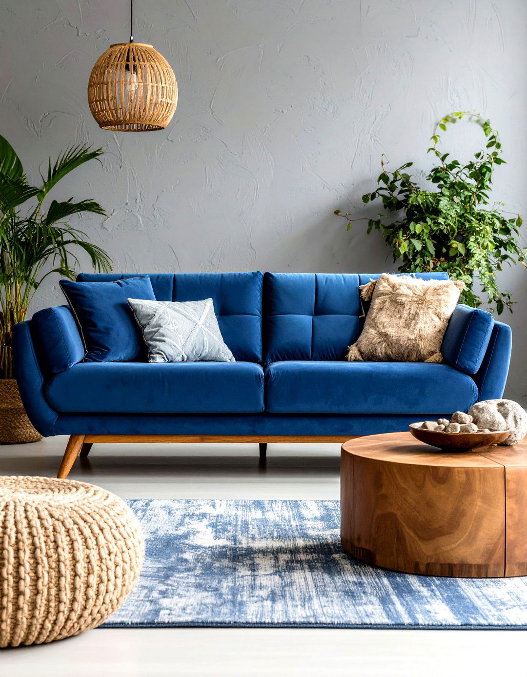 Blue Couch Living Room with Layered Textural Elements - 20 Blue Couch Living Room Ideas
