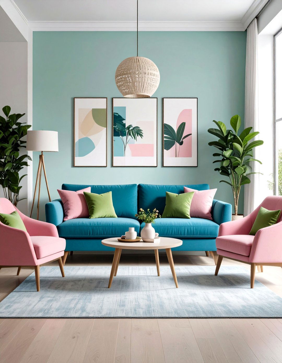 Blue Couch Living Room with Pink and Green Color Blocking - 20 Blue Couch Living Room Ideas