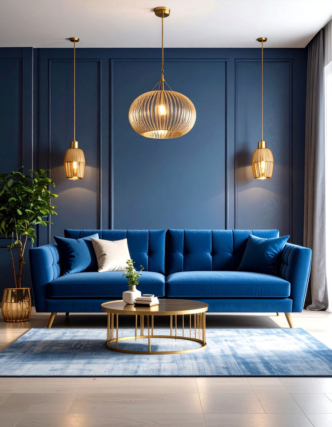 Blue Couch Living Room with Statement Lighting Focus - 20 Blue Couch Living Room Ideas