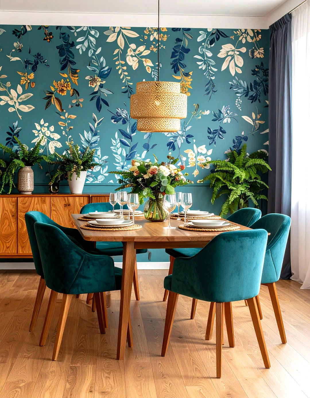 Blue Dining Room Wallpaper with Botanical Patterns - 20 Blue Dining Room Ideas