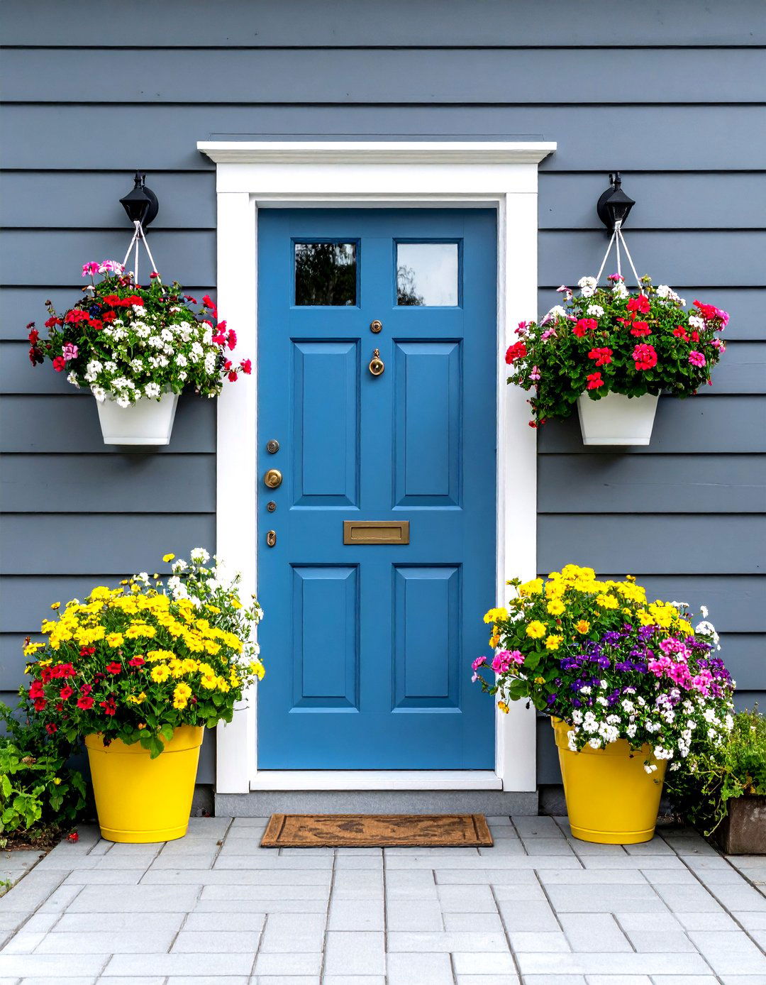 Blue Dutch Door with White Trim and Flower Boxes on Grey House - 20 Grey House With Blue Door Ideas