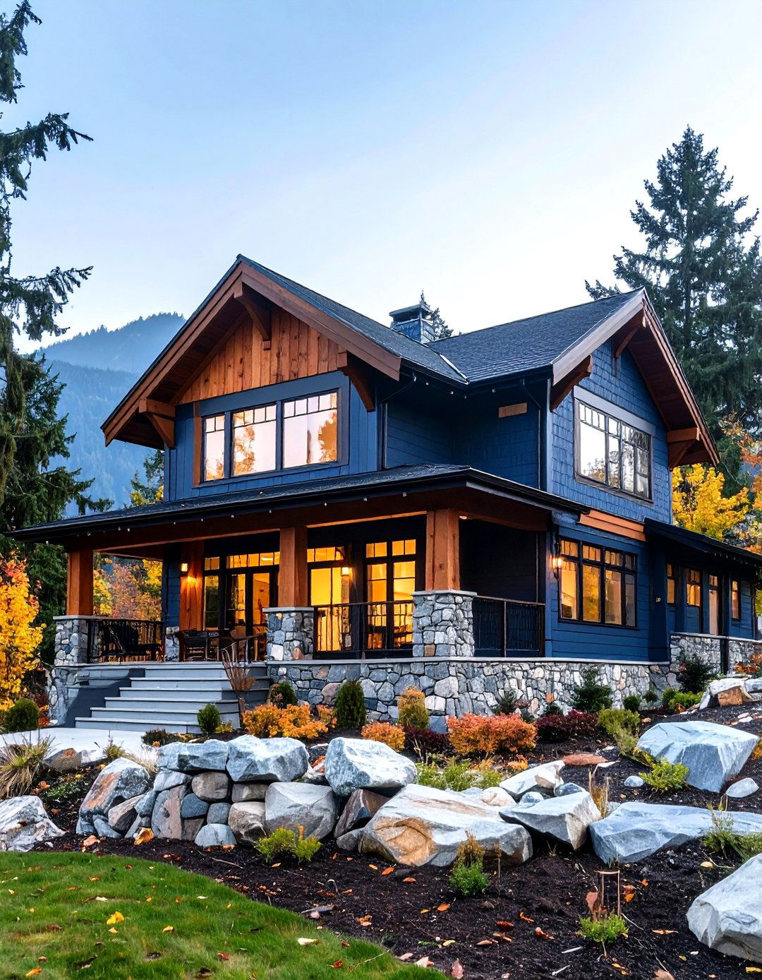 Blue Exterior House Paint with Natural Wood Accents - 20 blue exterior house paint ideas