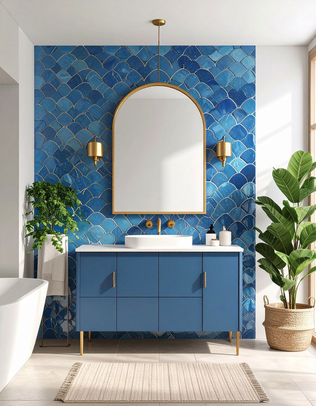 Blue Fish Scale Tile Accent Wall and Brass Mirror - 20 Blue and Gold Bathroom Ideas