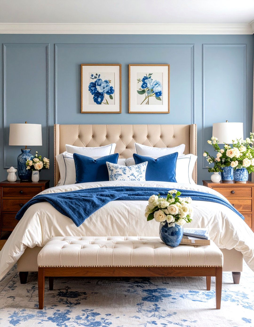 Blue Floral Wallpaper with Beige Furniture Bedroom - 20 blue and beige bedroom ideas