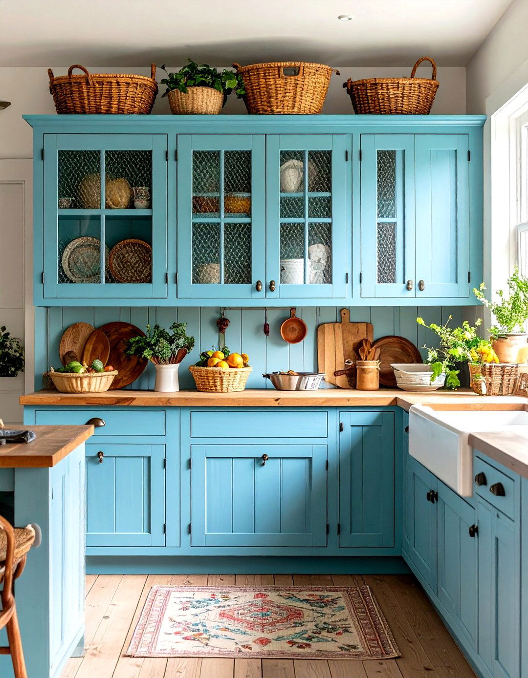 Blue French Country Kitchen with Chicken Wire Cabinet Doors and Blue Details - 20 Blue French Country Kitchen Ideas