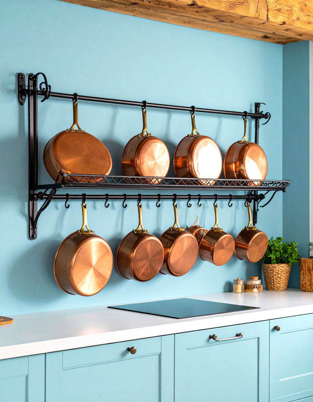 Blue French Country Kitchen with Copper Pot Rack and Blue Cabinet Harmony - 20 Blue French Country Kitchen Ideas