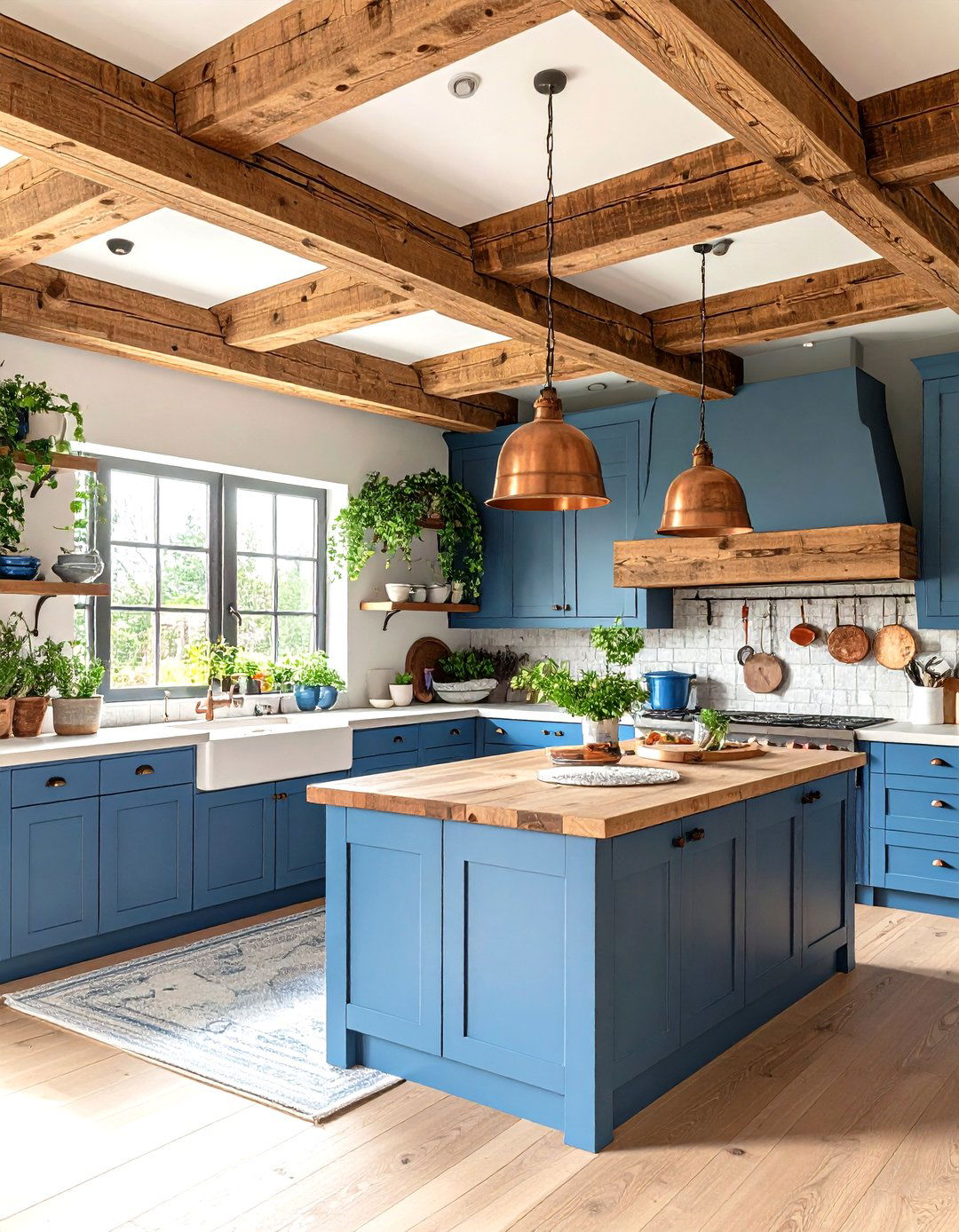 Blue French Country Kitchen with Exposed Wooden Beams and Blue Accents - 20 Blue French Country Kitchen Ideas