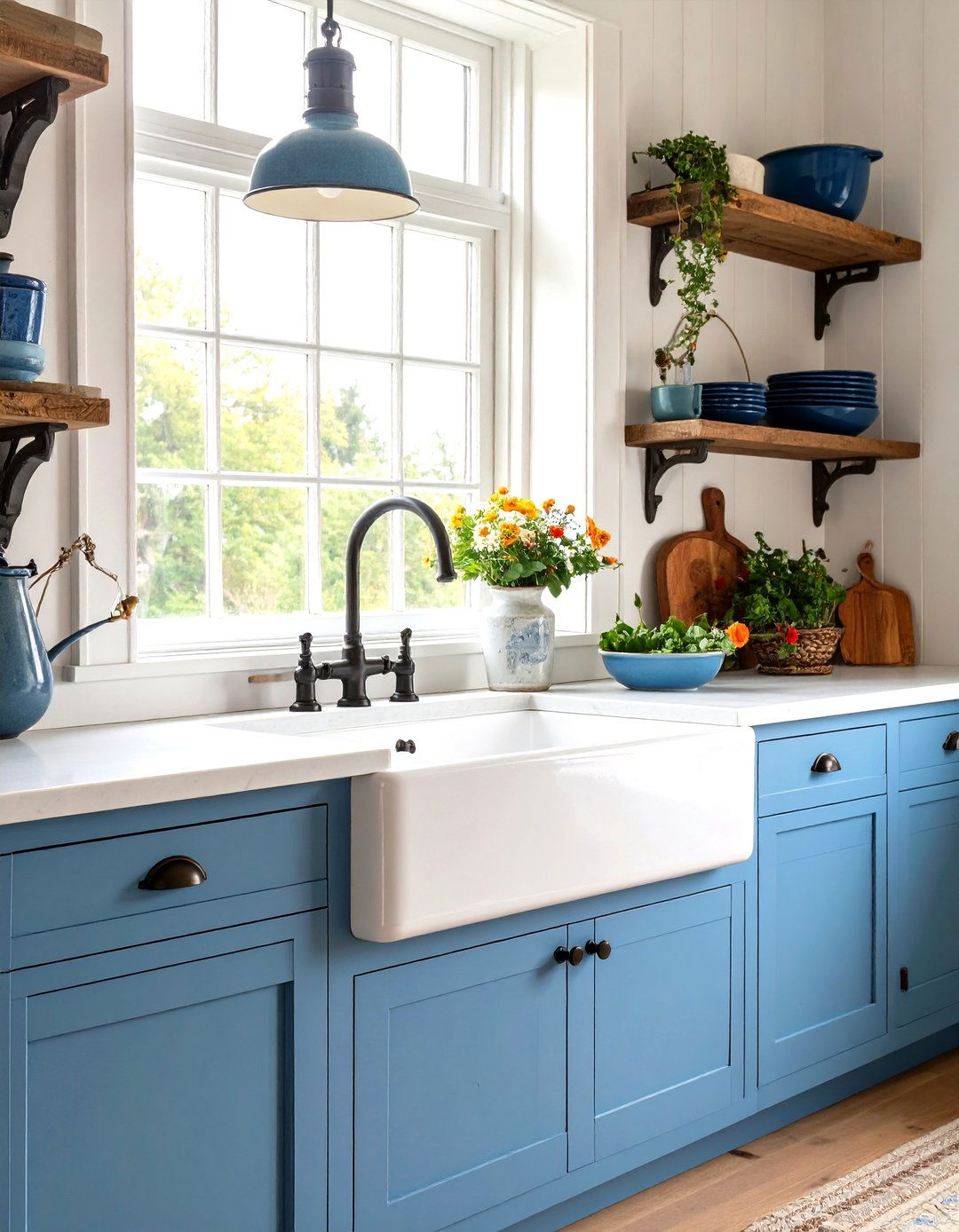 Blue French Country Kitchen with Farmhouse Sink and Vintage Bridge Faucet - 20 Blue French Country Kitchen Ideas