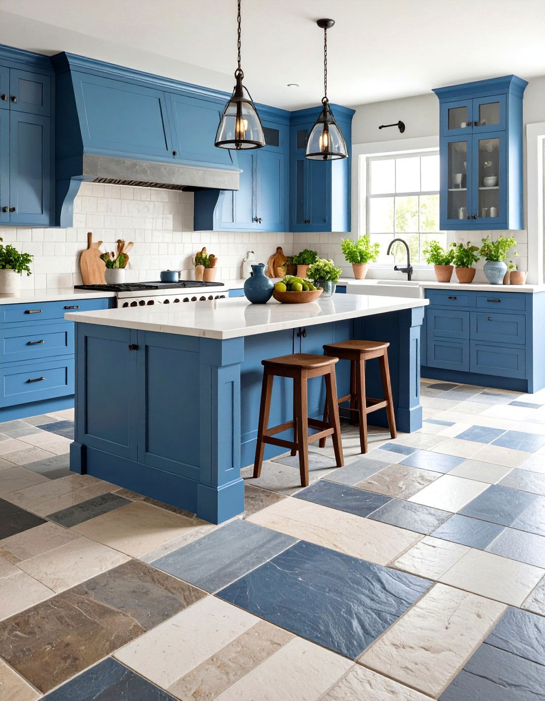 Blue French Country Kitchen with Natural Stone Flooring and Blue Accents - 20 Blue French Country Kitchen Ideas