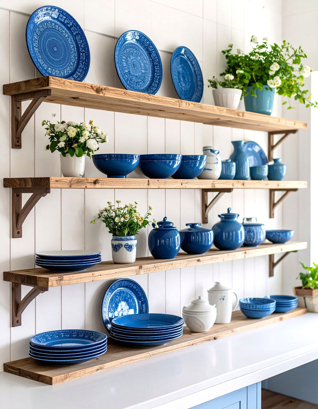 Blue French Country Kitchen with Open Shelving and Blue Pottery Display - 20 Blue French Country Kitchen Ideas