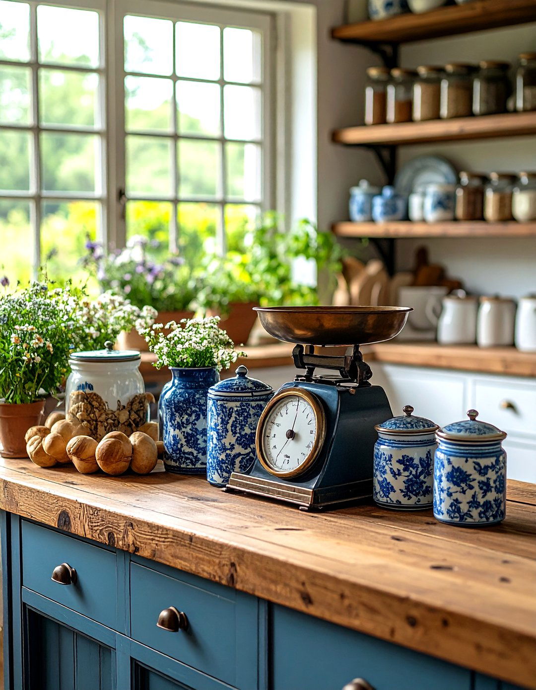 Blue French Country Kitchen with Vintage Scale and Blue Pottery Collections - 20 Blue French Country Kitchen Ideas