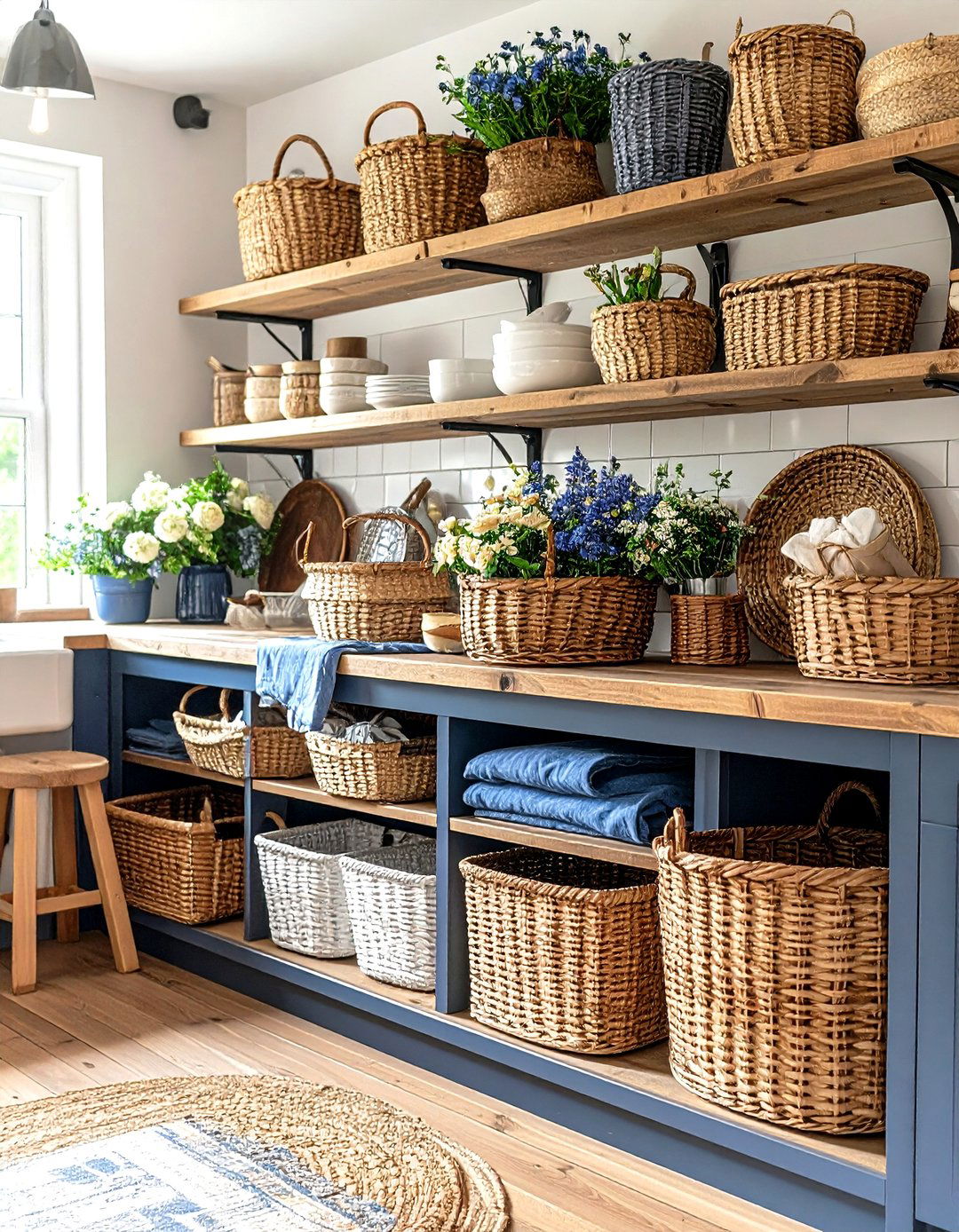 Blue French Country Kitchen with Wicker Baskets and Blue Textile Harmony - 20 Blue French Country Kitchen Ideas