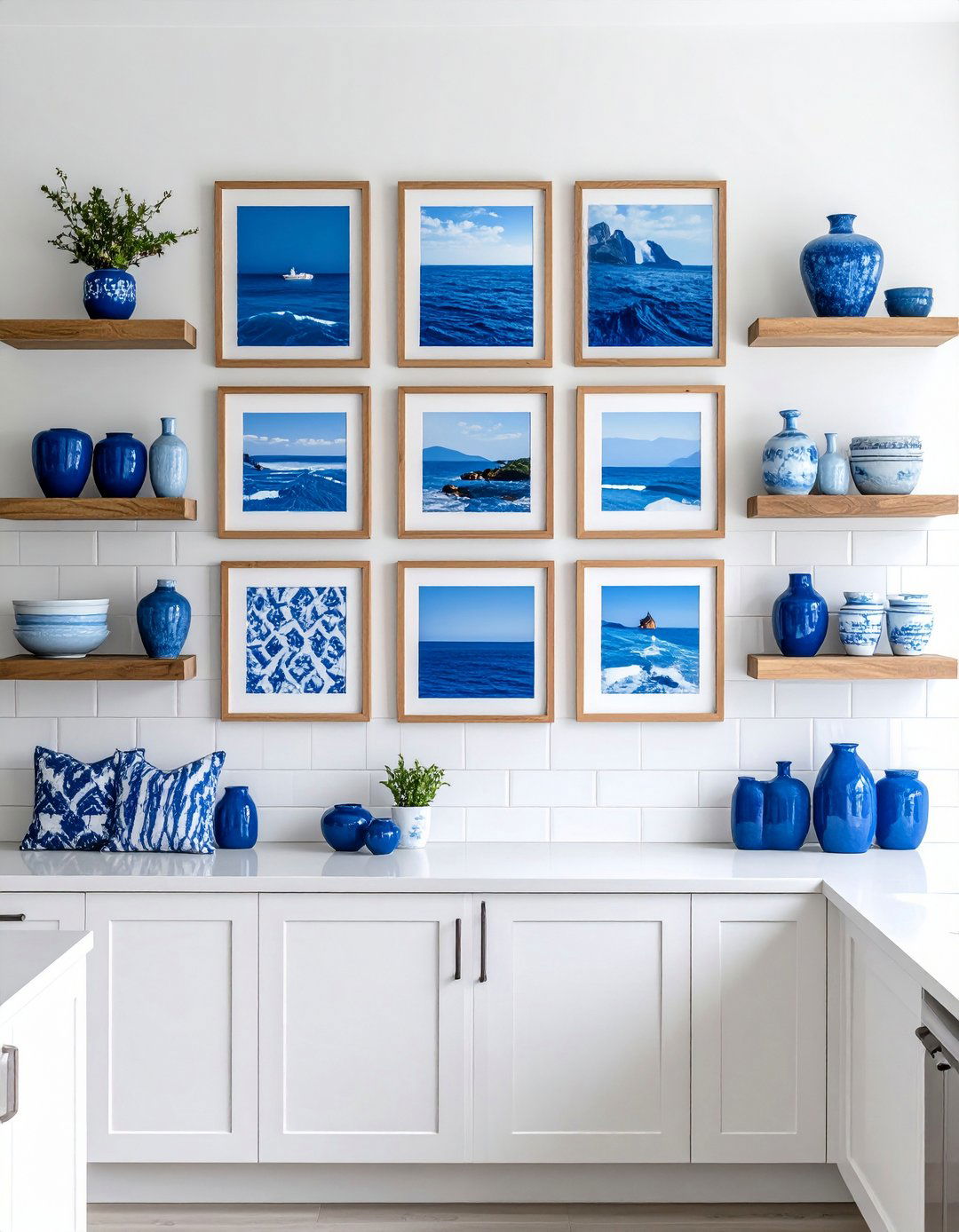 Blue Gallery Wall Accents - 20 Blue and White Kitchen Ideas