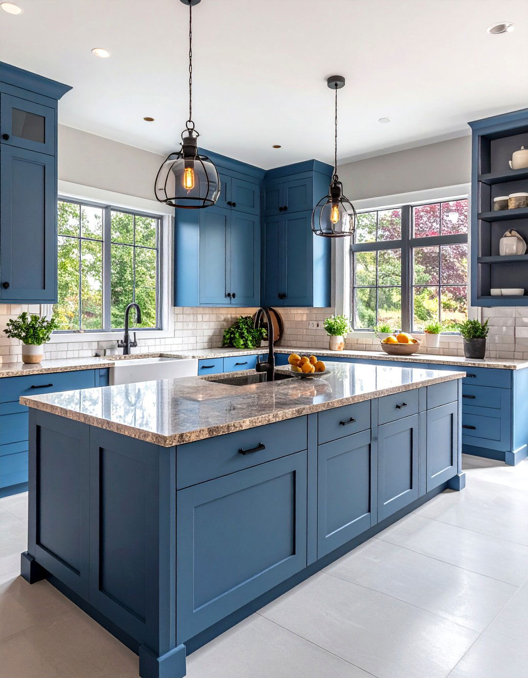 Blue Gray Kitchen Cabinets with Brown Granite and Industrial Fixtures - 20 blue kitchen cabinets with brown granite countertops