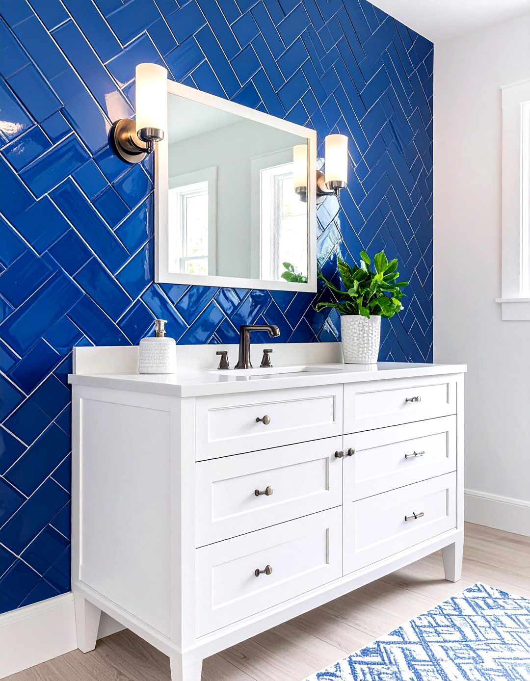 Blue Herringbone Powder Room Tile Feature Wall - 20 blue powder room ideas