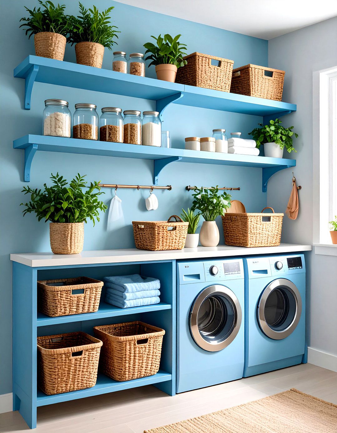 Blue Laundry Room Floating Shelves Display - 20 Blue Laundry Room Ideas
