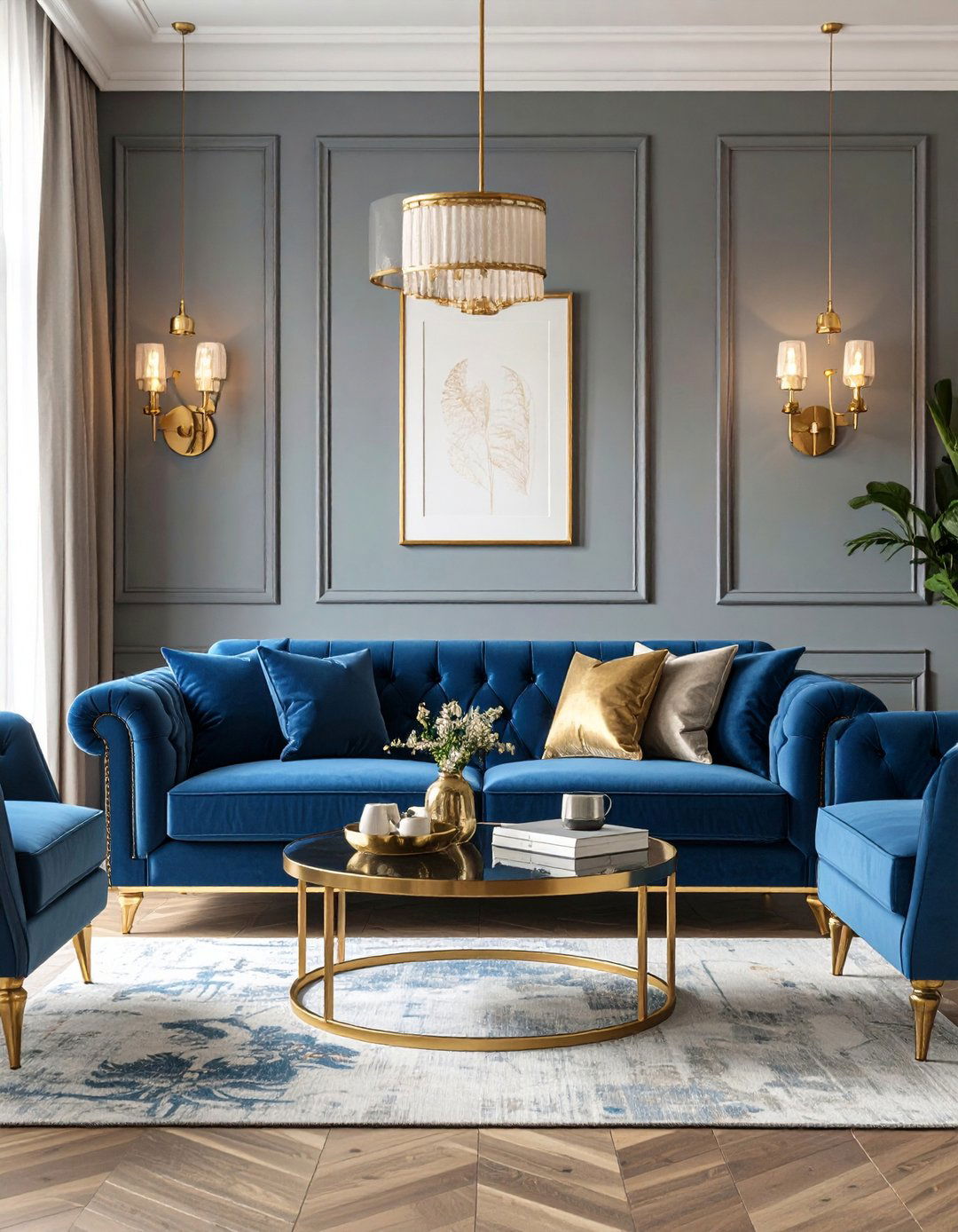 Blue Living Room Accented with Blue and Gold Details - 20 Blue Living Room Ideas