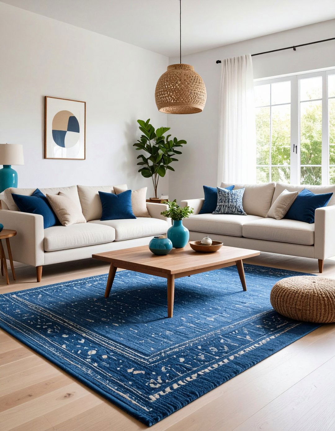 Blue Living Room Anchored by a Cobalt Blue Rug - 20 Blue Living Room Ideas