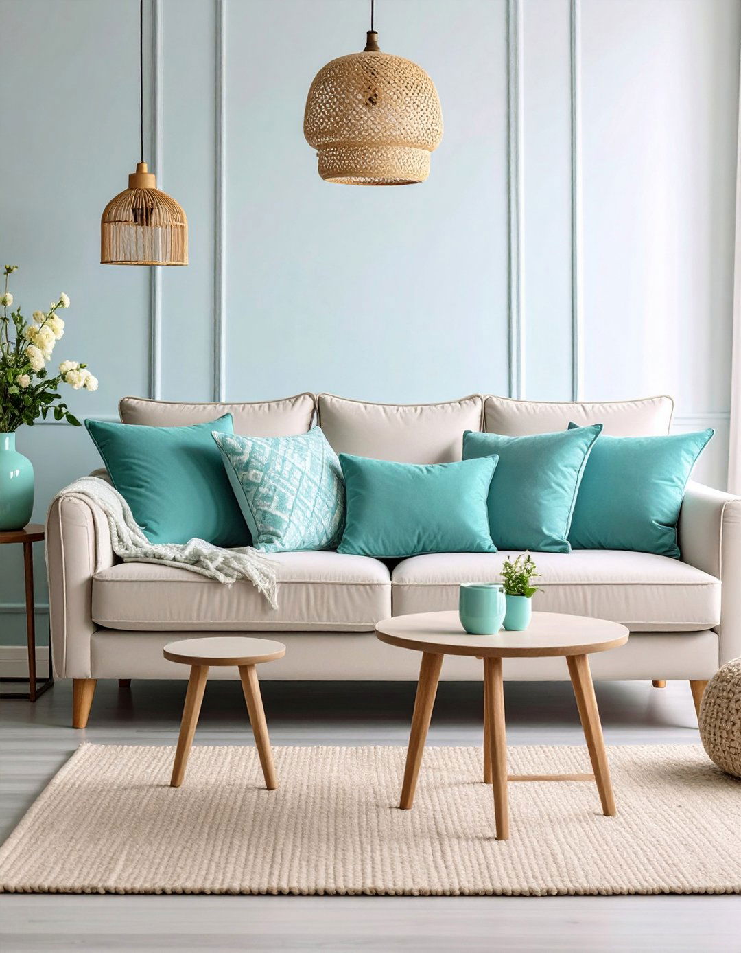 Blue Living Room Enhanced with Turquoise Throw Pillows - 20 Blue Living Room Ideas