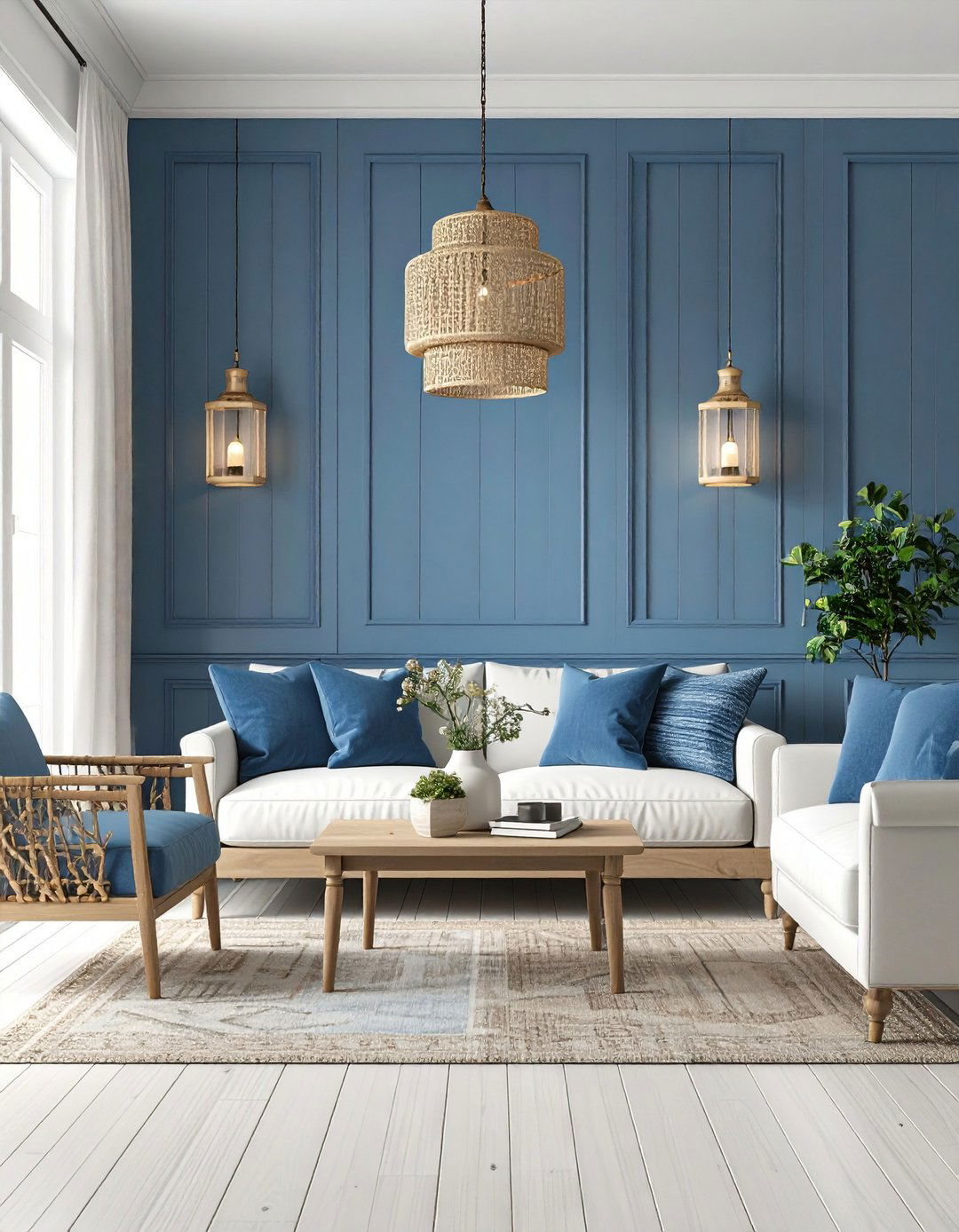 Blue Living Room Featuring Shiplap Blue Accent Wall - 20 Blue Living Room Ideas