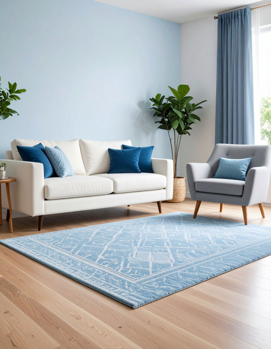 Blue Living Room Grounded by Pale Blue Area Rug - 20 Blue Living Room Ideas