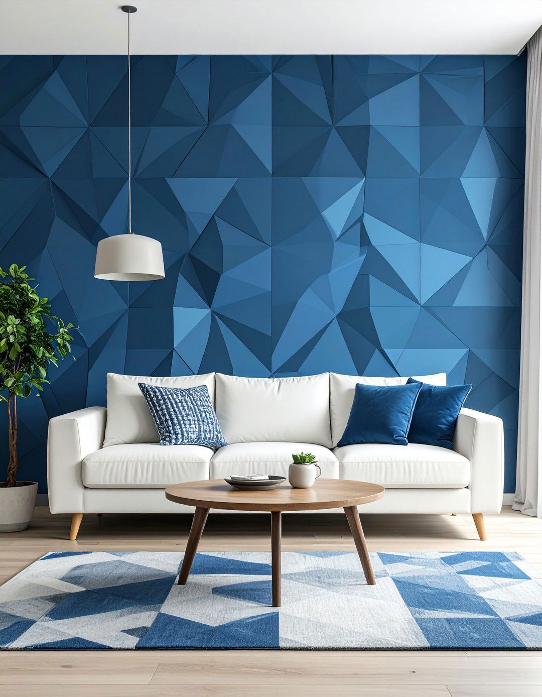 Blue Living Room Showcasing Geometric Blue Wallpaper - 20 Blue Living Room Ideas