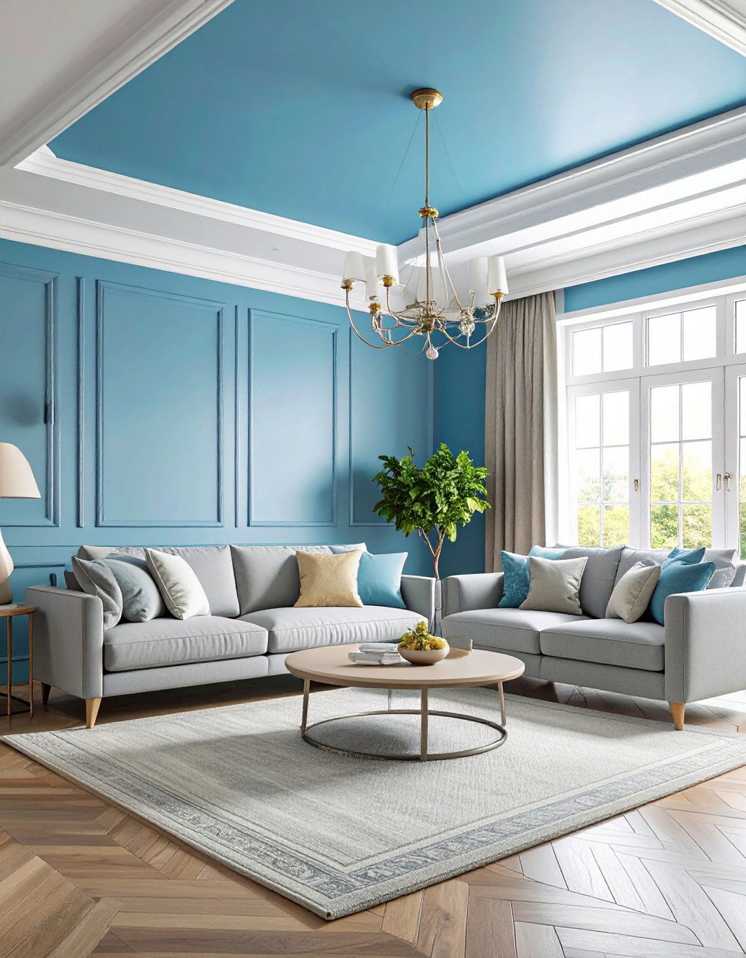 Blue Living Room with Sky Blue Painted Ceiling - 20 Blue Living Room Ideas