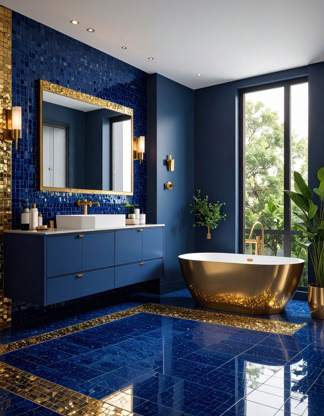 Blue Mosaic Tiles with Subtle Gold Foil Accents - 20 Blue and Gold Bathroom Ideas