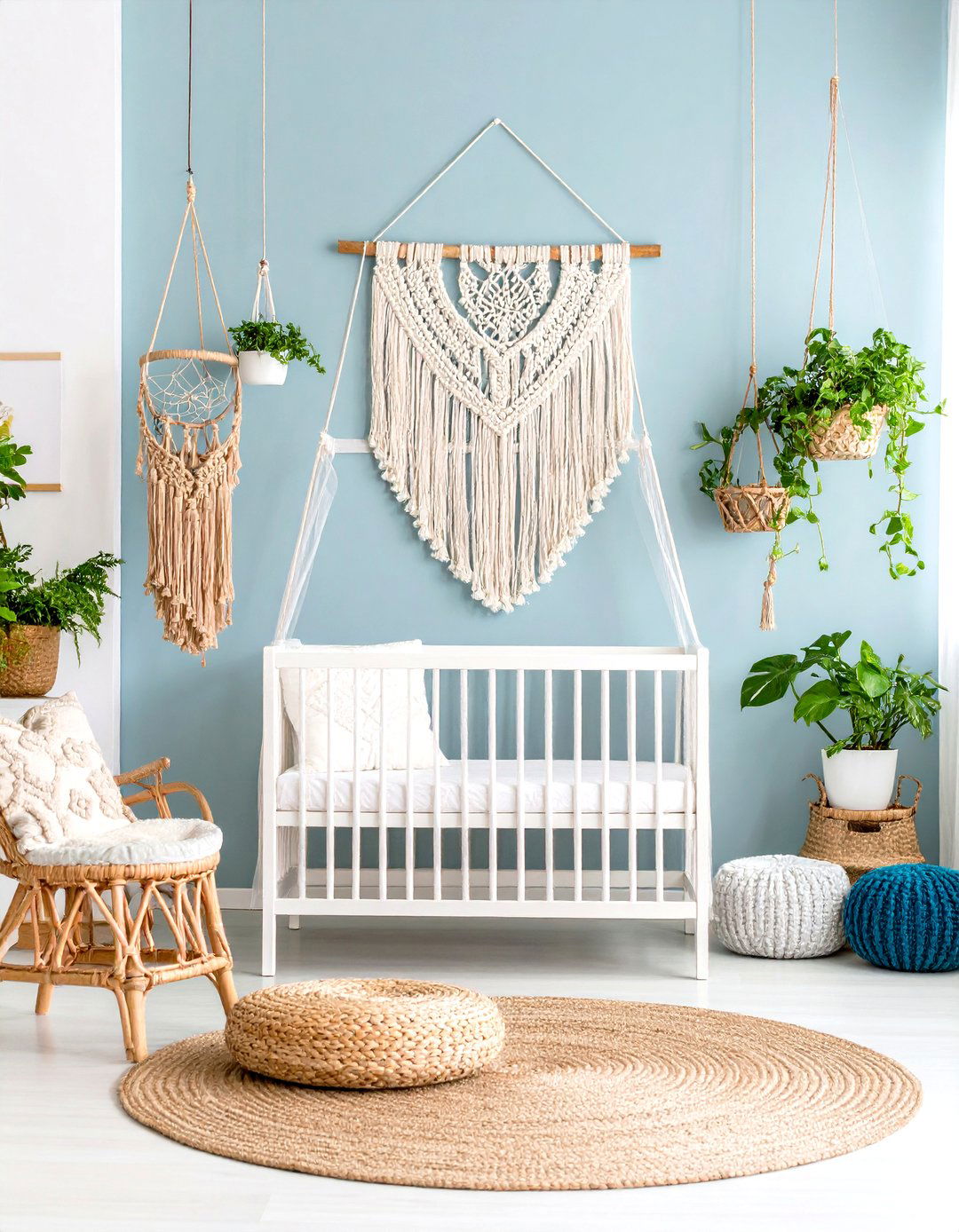 Blue Nursery with Boho Macrame and Natural Textures - 20 Blue Nursery Ideas
