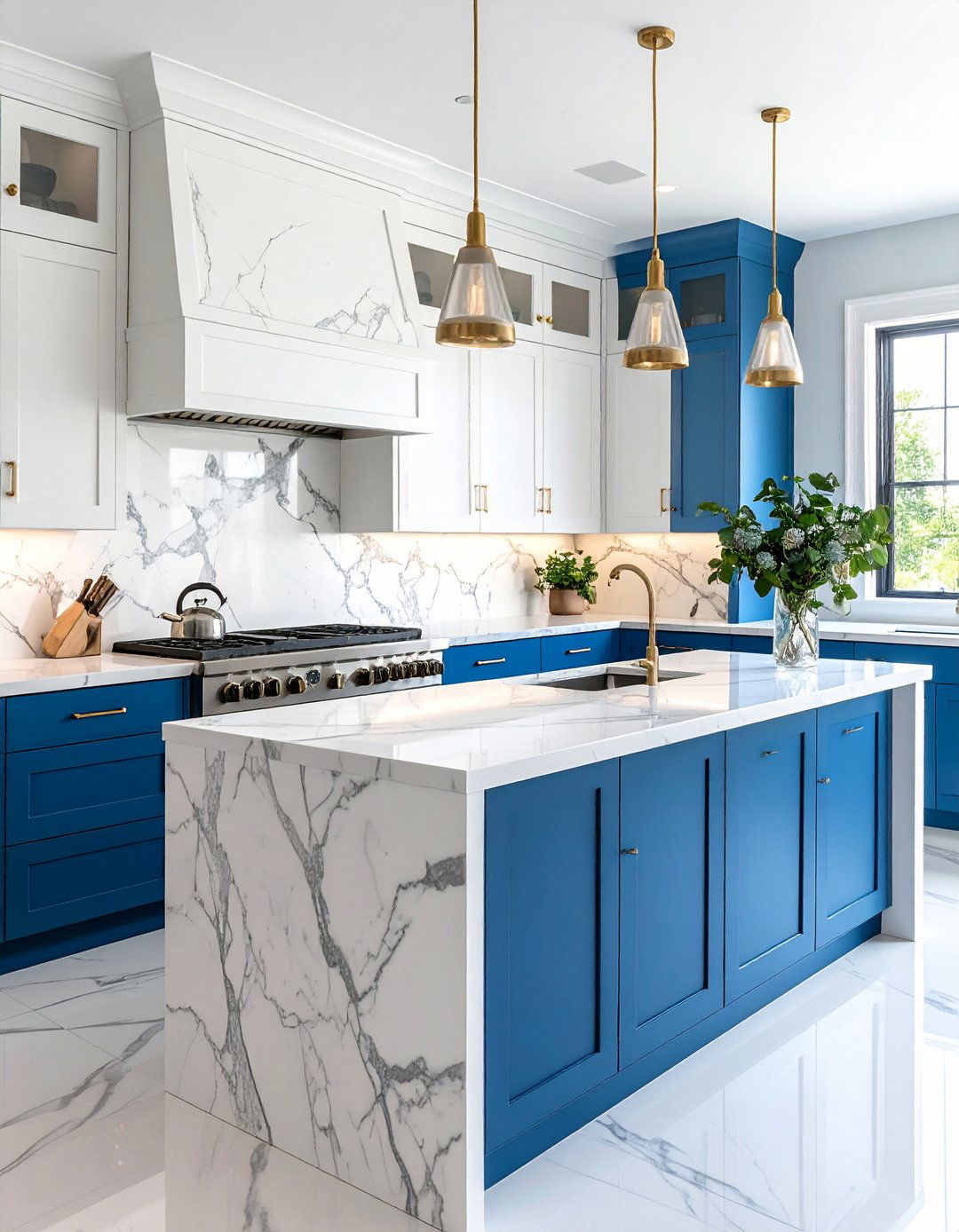 Blue Range with White Marble Wrap - 20 Blue and White Kitchen Ideas