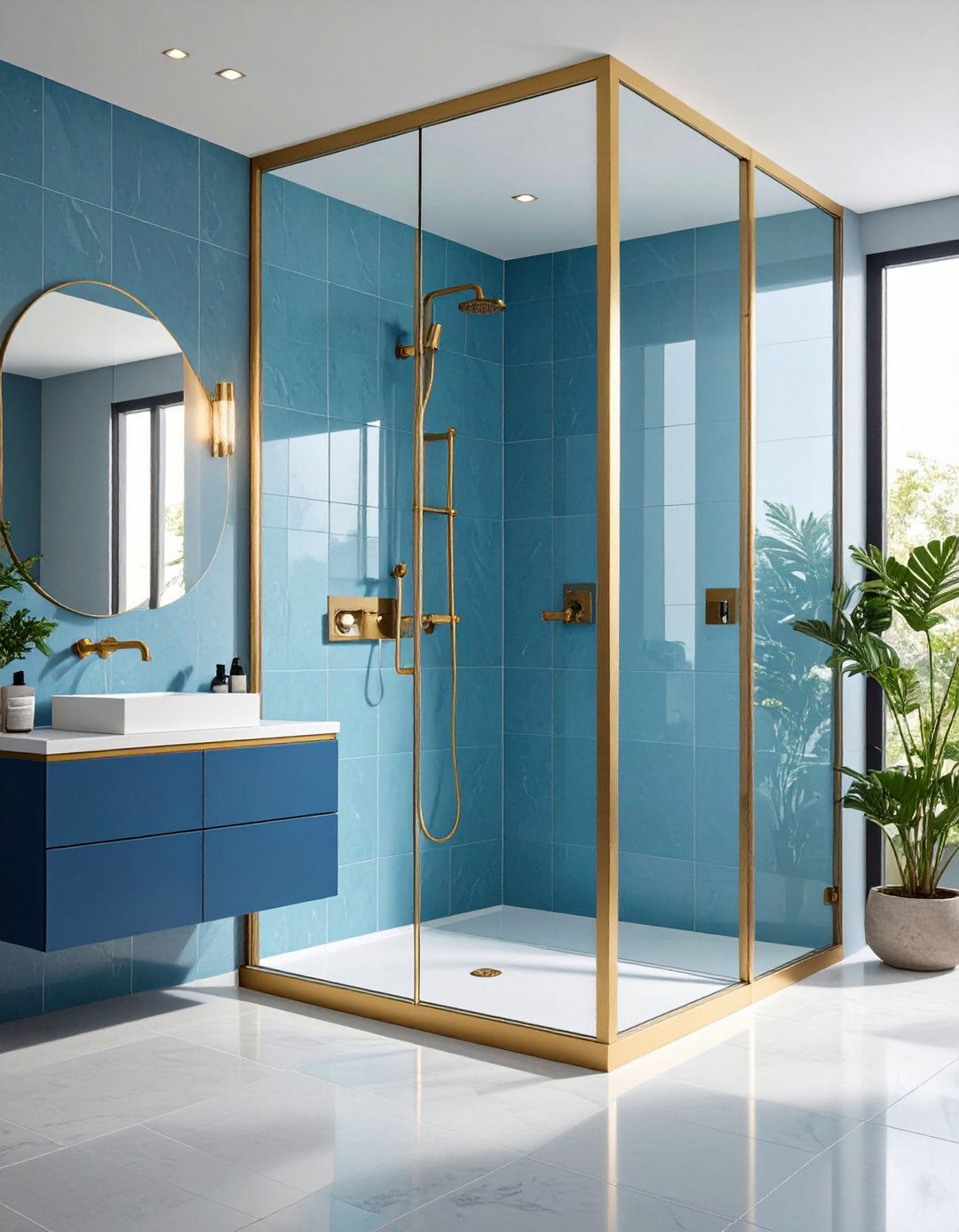 Blue Tinted Glass Shower Panels with Gold Frames - 20 Blue and Gold Bathroom Ideas