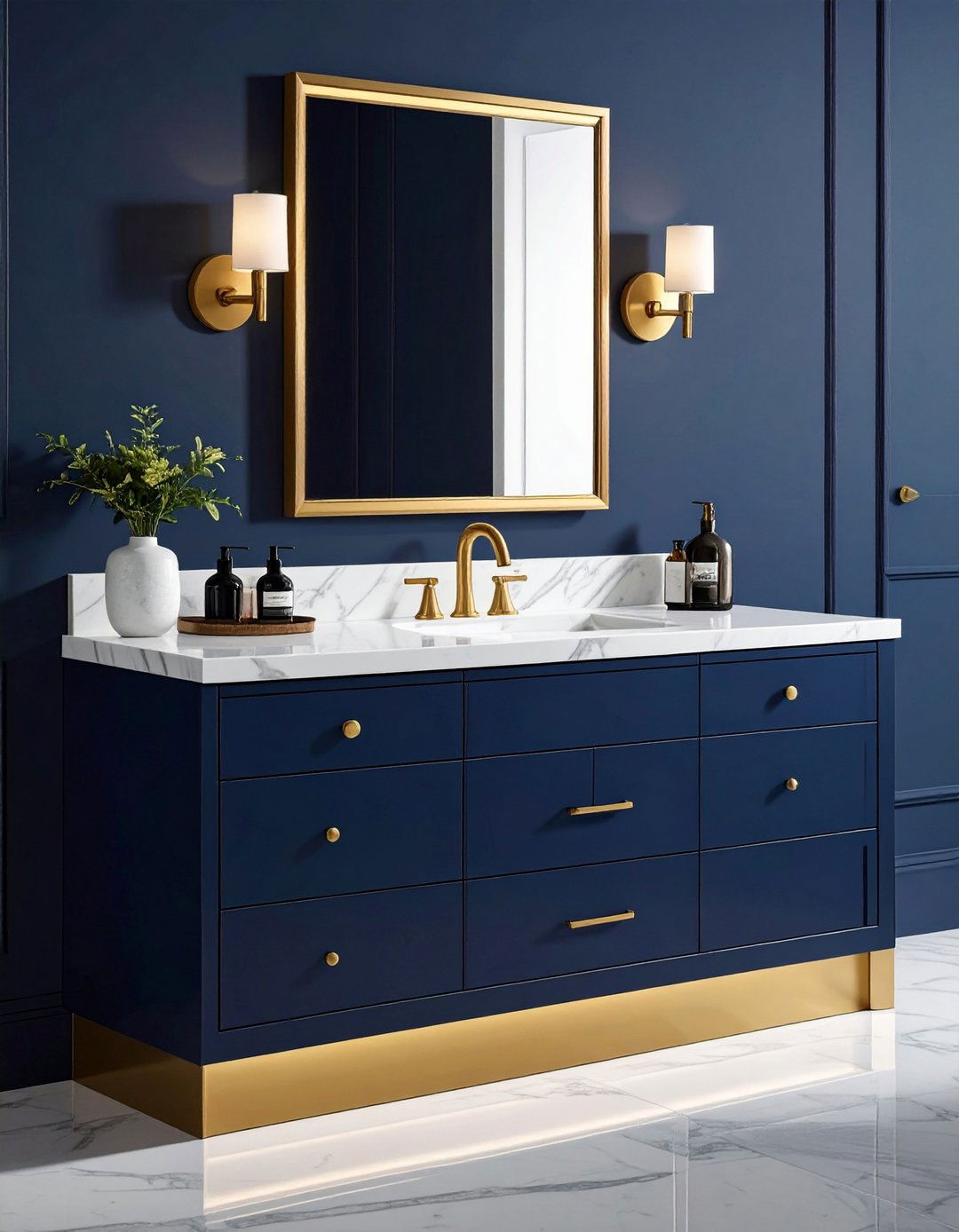 Blue Vanity Marble Top with Gold Under Mount Sink - 20 Blue and Gold Bathroom Ideas