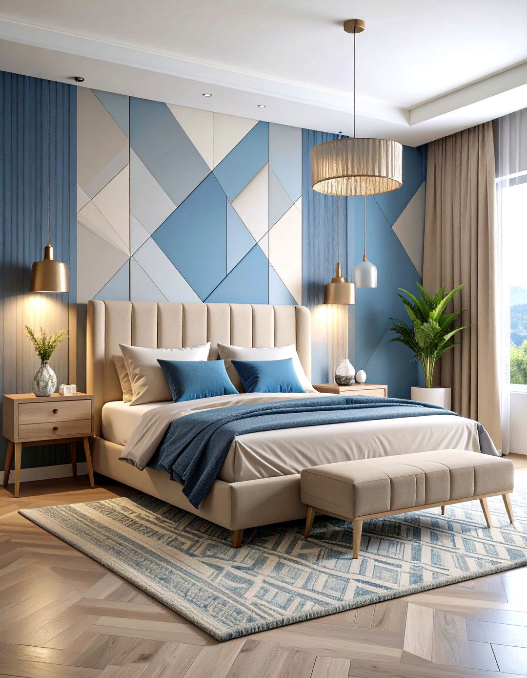 Blue and Beige Geometric Pattern Bedroom - 20 blue and beige bedroom ideas