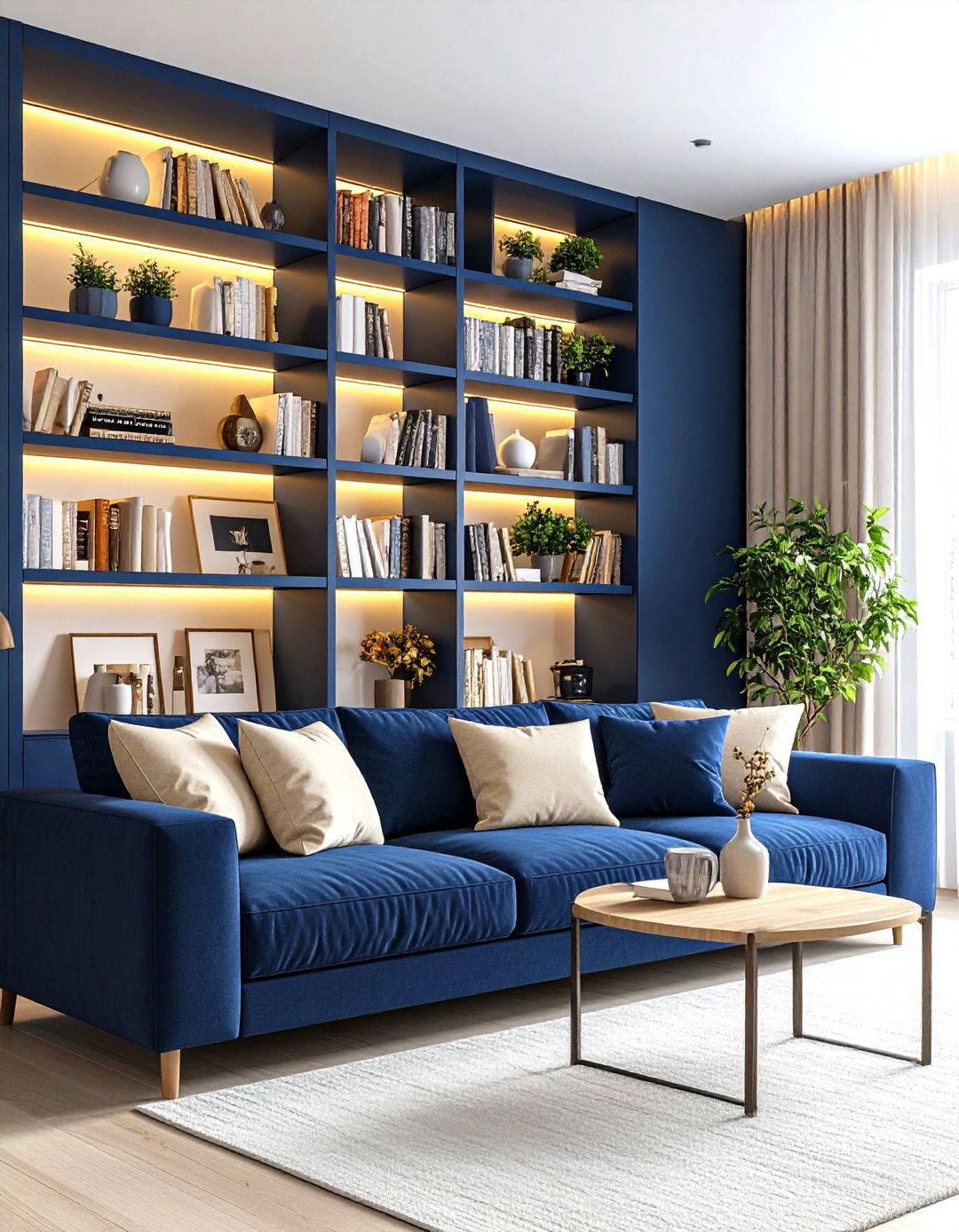 Blue and Beige Living Room with Bookshelf Styling - 20 blue and beige living room ideas