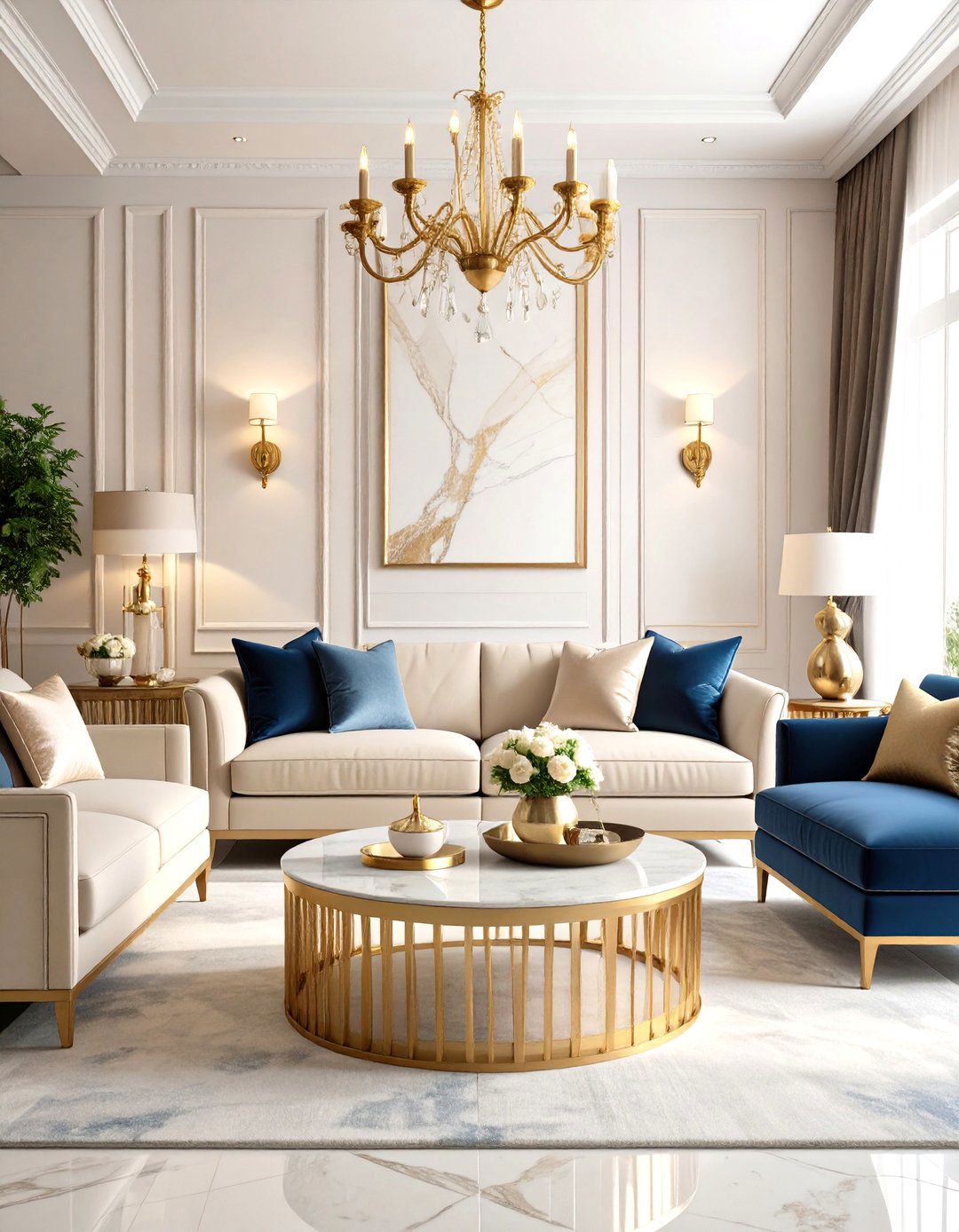 Blue and Beige Living Room with Metallic Accents - 20 blue and beige living room ideas