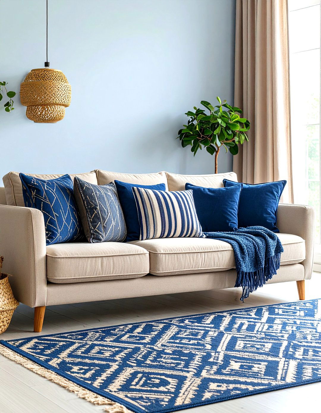 Blue and Beige Living Room with Mixed Textile Patterns - 20 blue and beige living room ideas